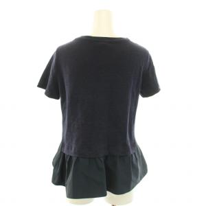 EMPORIO ARMANI カットソー ブラウス ラウンドネック 半袖 切替 リボン ロゴ刺繍 麻 リネン 40 M 紺 ネイビー