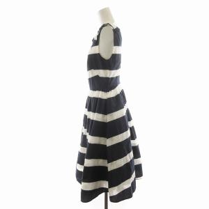 kate spade new york フレアワンピース ギャザー ボーダー ノースリーブ リボン ひざ丈 2 S 紺 ネイビー 白 ホワイト