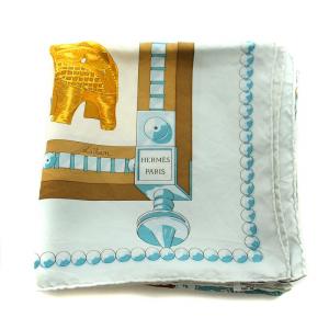 HERMES カレ90 アフリカのスプーン CUILLES D'AFRIQUE スカーフ 総柄 絹 シルク 水色 マルチカラー