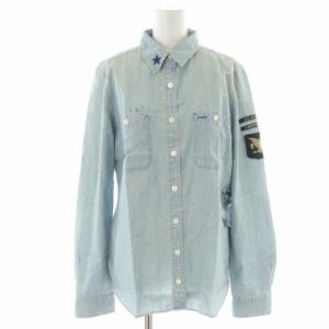 スター刺繍ワッペンアンカーサークルロゴプリントシャンブレーシャツ ブラウス チュニック丈 USED加工 長袖 M 青 ブルー