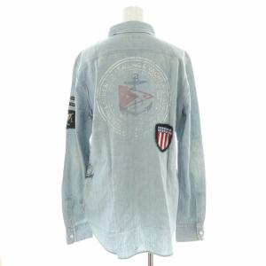 RALPH LAUREN スター刺繍ワッペンアンカーサークルロゴプリントシャンブレーシャツ ブラウス チュニック丈 USED加工 長袖 M 青 ブルー