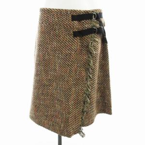 ラップスカート 台形 ひざ丈 ツイード ベルト 48 3L 茶 ブラウン 赤 レッド