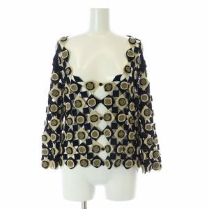 ニット カットソー 長袖 カギ編み 総柄 ウール M 黒 ブラック ベージュ