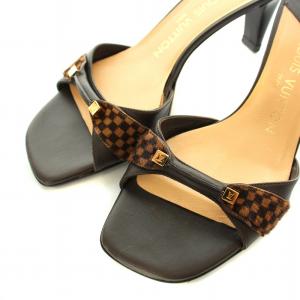 LOUIS VUITTON ダミエ ミュール サンダル レザー ハラコ スクエアトゥ ハイヒール 37 23.5cm 茶 ブラウン