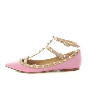 VALENTINO GARAVANI パンプス ポインテッドトゥ アンクルストラップ ローヒール ロックスタッズ レザー 38 25.0cm ピンク