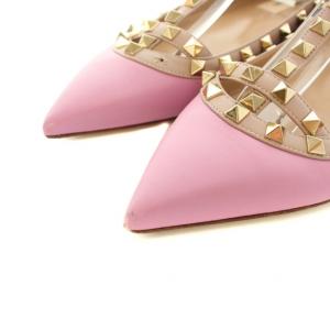 VALENTINO GARAVANI パンプス ポインテッドトゥ アンクルストラップ ローヒール ロックスタッズ レザー 38 25.0cm ピンク