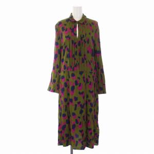 シャツワンピース ロング 長袖 総柄 38 S 緑 グリーン 紺 ネイビー