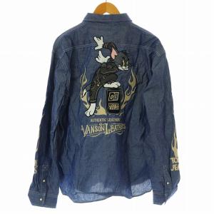 vanson Leathers トム＆ジェリーデニムシャツ 長袖 刺繍 ロゴ コットン XXL 青 ブルー