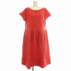 AD2018 ワンピース 半袖 チェック ウール ひざ丈 S 赤 ピンク