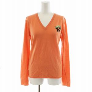 ニット カットソー 長袖 Vネック スカル刺繍 カシミヤ S オレンジ /AN20
