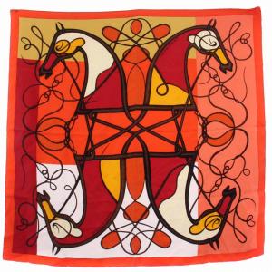 カレ90 COUP de FOUET スカーフ 馬柄 オレンジ レッド