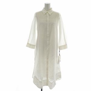 22SS ドットカットワークシャツワンピース ひざ丈 フレア 七分袖 刺繍 インナー付き 絹 シルク混 36 S 白 ホワイト