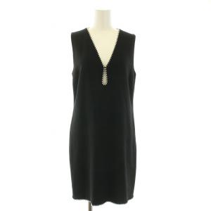 タイトワンピース ひざ丈 ノースリーブ ストレッチ Vネック ビーズ 装飾 2 M 黒 ブラック /BB