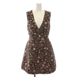 ジャガード ワンピース ミニ ノースリーブ 刺繍 総柄 シルク混 0 S 深緑 ダークグリーン ピンク