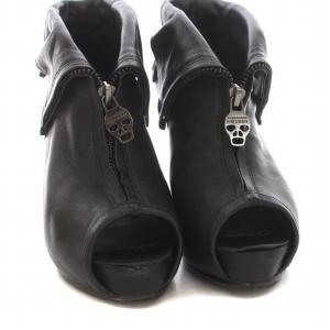 Alexander McQueen ショートブーツ ブーティ ピンヒール レザー オープントゥ スカル 37 23.5cm 黒 ブラック