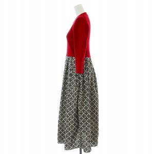 DRESSTERIOR オーバーラップサークルニットコンビワンピース フレア ロング マキシ 七分袖 クルーネック 総柄 36 S 赤 レッド ベージュ