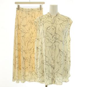 セットアップ 上下 シャツ ブラウス バンドカラー ノースリーブ フレアスカート マキシ ロング リーフプリント