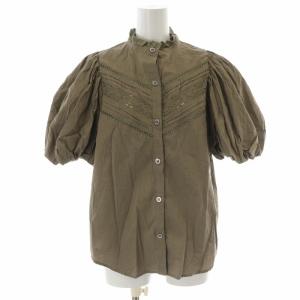 oblekt カットワークエンブロイダリ?ブラウス シャツ スタンドカラー レース 刺繍 ギャザー フリル パフスリーブ