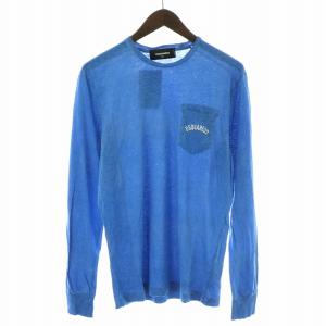 Tシャツ カットソー ロンT 長袖 クルーネック ロゴプリント 麻 リネン混 XS 青 ブルー