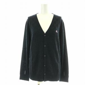 BURBERRY BLACK LABEL ニットカーディガン 長袖 Vネック ロゴ刺繍 チェック ウール 2 M チャコールグレー