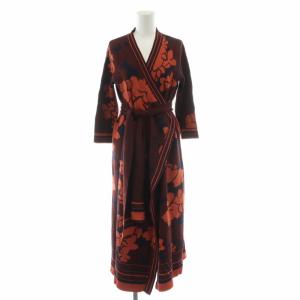 フラワーJQニットCD ロングカーディガン ガウン ベルト 花柄 総柄 ウール 七分袖 36 S 茶 ブラウン 19453043