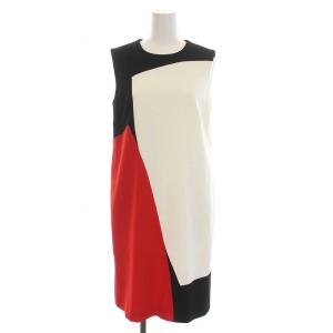 ワンピース ひざ丈 ノースリーブ トリコロールカラー 34 S 白 ホワイト 黒 ブラック 赤 レッド