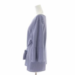 23区 シャツ ブラウス シアサッカー ストライプ リボン プルオーバー 五分袖 大きいサイズ 44 XL 青 ブルー