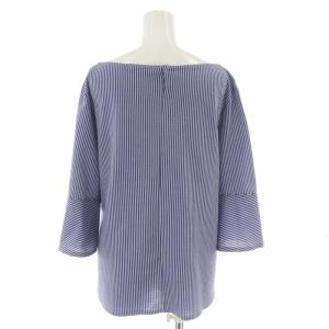 23区 シャツ ブラウス シアサッカー ストライプ リボン プルオーバー 五分袖 大きいサイズ 44 XL 青 ブルー