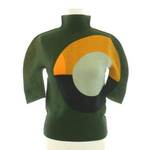 カットソー ブラウス ハイネック 半袖 ボックスプリーツ 円柄 緑 グリーン マスタード