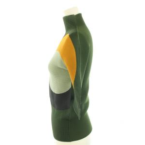 me ISSEY MIYAKE カットソー ブラウス ハイネック 半袖 ボックスプリーツ 円柄 緑 グリーン マスタード