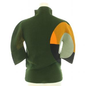 me ISSEY MIYAKE カットソー ブラウス ハイネック 半袖 ボックスプリーツ 円柄 緑 グリーン マスタード