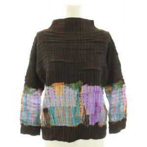 カットソー ブラウス ランダムプリーツ M ブラウン ライトブルー