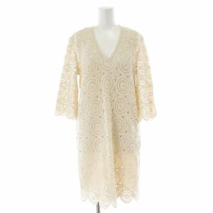 フリルエッジのかぎ針編みドレス ワンピース ひざ丈 Vネック レース 五分袖 インナー付き M ベージュ 66219321