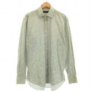長袖シャツ フロンボタン ペイズリー柄 リネン 3XL 青 ブルー 白