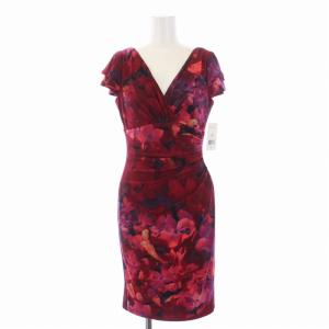 DRESS ワンピース ひざ丈 半袖 Vネック サイドスリット 総柄 2P S 赤 レッド 251588782001