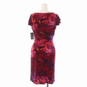 LAUREN RALPH LAUREN DRESS ワンピース ひざ丈 半袖 Vネック サイドスリット 総柄 2P S 赤 レッド 251588782001