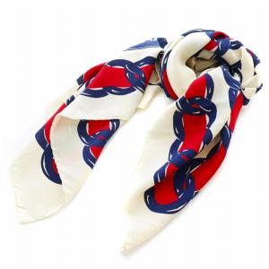 CHANEL スカーフ シルク チェーン柄 ロゴ プリント ベージュ 赤 レッド 紺 ネイビー