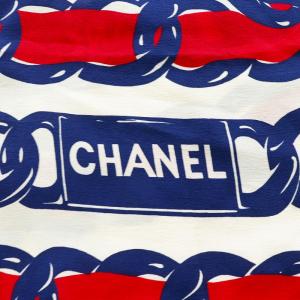 CHANEL スカーフ シルク チェーン柄 ロゴ プリント ベージュ 赤 レッド 紺 ネイビー