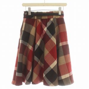 BLUE LABEL CRESTBRIDGE スカート チェック ウール フレアスカート ひざ丈 リボン 36 S 赤 ベージュ 黒