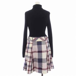 BLUE LABEL CRESTBRIDGE ワンピース 長袖 ひざ丈 タートルネック チェック柄 ニット切替 ウール 38 M 黒 ブラック 紫 パープル 55N13-594-09