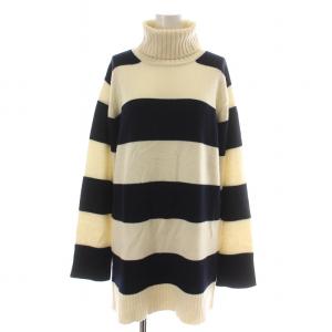チュニック ニット セーター 長袖 タートルネック ボーダー ロング アイボリー 紺 ネイビー