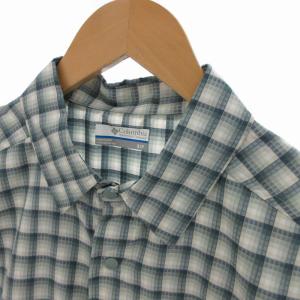 Columbia タグ付き チェックシャツ ナイロン ファスナーポケット ロゴ刺繍 M 白 ホワイト 青 ブルー /RK