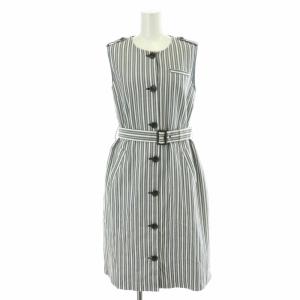 ノースリーブワンピース ひざ丈 ストライプ 麻 リネン混 ベルト M 紺 ネイビー /XK