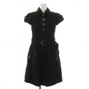 シャツワンピース ひざ丈 チェック 半袖 36 S 黒 ブラック FM509-160-09