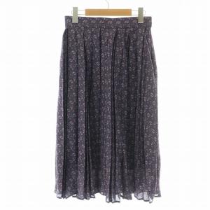 サテンプリントプリーツスカート フレア ロング ミモレ 総柄 38 M 紫 パープル 11-421701