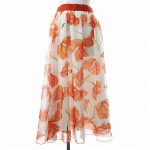 フレアスカート ロング ミモレ丈 シフォン 花柄 白 ホワイト オレンジ