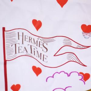 HERMES カレ 70 Tea Time スカーフ 総柄 シルク フランス製 白 ホワイト 赤 レッド