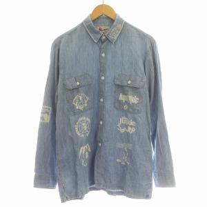 シャンブレーシャツ デニム シャツ 長袖 ロゴ M 水色 ライトブルー