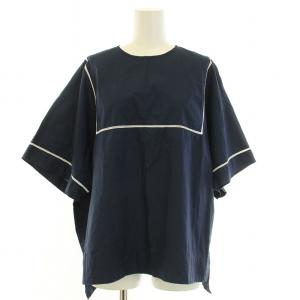 yori ハシゴレースワイドブラウス シャツ 半袖 クルーネック レース 切替 F 紺 ネイビー /BB