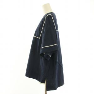 yori ハシゴレースワイドブラウス シャツ 半袖 クルーネック レース 切替 F 紺 ネイビー /BB